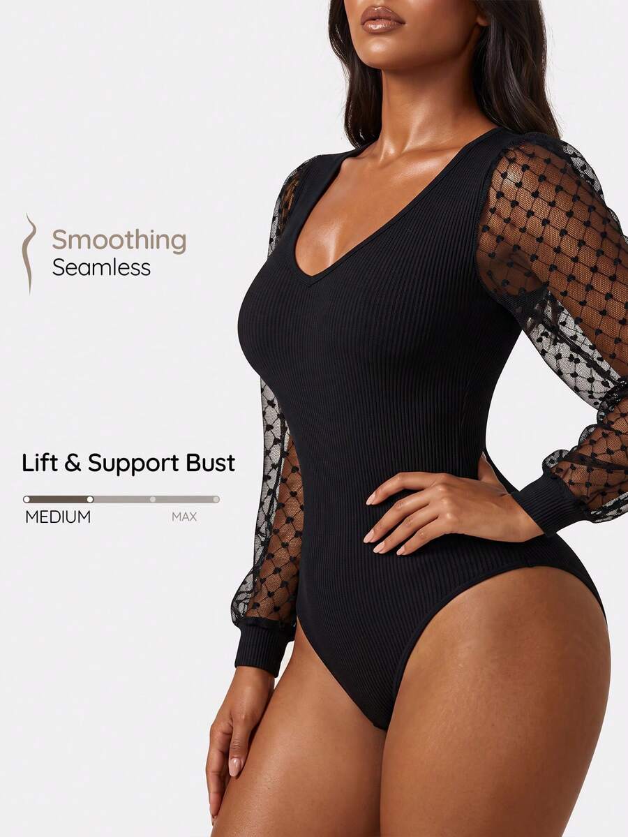 SHAPORA Women Solid Seamless Waist Cincher Briefs Bodysuit Heart Jacquard Mesh Lace V-Neck Long Lantern Sleeve ShapewearTummy Control For Multiple Ocassions - Black - View 1
