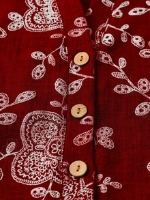 Linhara Plus Size Casual Chic 3/4 Sleeve Printed Blouse, Suitable For Spring, Summer & Autumn Fall - Burgundy - View 3