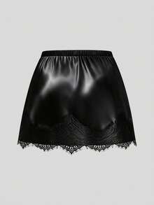 Sweetra Plus Size Satin Sexy Elegant Halter Neck Backless Top And Lace Patchwork Mini Bodycon Skirt 2 Pieces Set Halloween Cocktail Black - Black - View 5