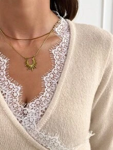 SHEIN Clasi Women's Lace Long Sleeve Crossover Cable-Tie Elegant Sweater,Knit Top With Lace Trim, Loose-Fit Long-Sleeve Fuzzy Sweater For Fall/Winter - Apricot - View 3