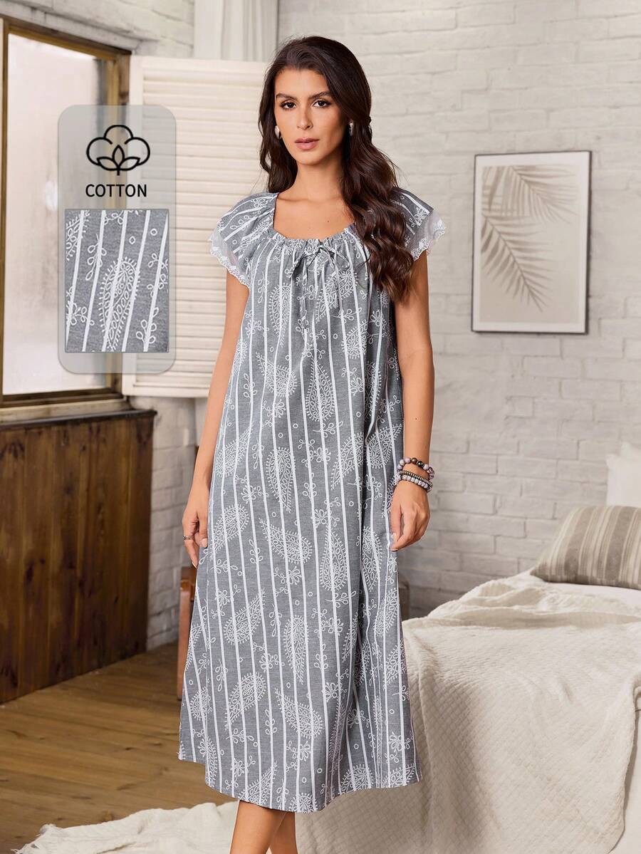 Serenescape Women's Light Gray Raglan Sleeve Lace Patchwork Neckline Ruffle Faux Drawstring Striped Paisley Pattern Woven Fabric Beach Vacation Loose Casual Wearable Short Sleeve Nightgown - Light Grey - View 1