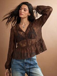 WESTFADE Blusa de malla transparente con lunares, cuello alto, lazo delantero, volantes, peplum y manga larga, linda para otoño - Marrón - Ver 1