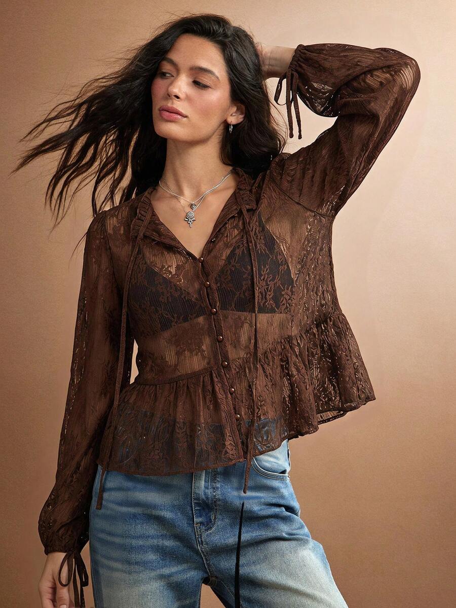 WESTFADE Blusa de malla transparente con lunares, cuello alto, lazo delantero, volantes, peplum y manga larga, linda para otoño - Marrón - Ver 1