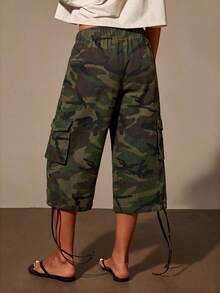 Athîral Denim Vintage Camouflage Cargo Pants, Summer Loose Wide Leg Capri Pants - Army Green - View 5