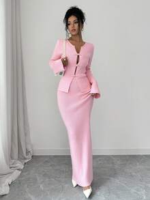 SHEIN Elenzya Women's Autumn/Winter Pink Knitted Sweater & Skirt 2-Piece Set, Light Pink New Chinese Style Frog Button Knitted Set, Gentle Minimalist Sexy Style, Early Spring Outfit For Dating, Spring Outing, Birthday, Flattering Flare Sleeve Cardigan, High Waist Wide Leg Long Skirt, Commuter Atmosphere, Bestselling Inner Layer, Women's Office Wear, Women's Commuter Set, Outdoor Outfit, Wearable Knitted Set - Baby Pink - View 4