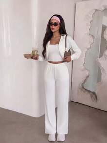Pariaura Women's 3 PiecesSports Set Long Sleeve Wide Leg Pants Bandeau Top Workout Outfit - Beige - View 6