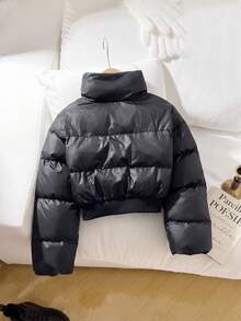 SHEIN 1件青少年女孩高腰短版收腰棉墊外套，休閒秋冬穿搭 - 黑色 - 查看 2