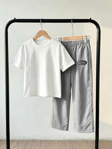 SHEIN 兒童男童 1件 運動休閒學院風 百搭簡約實用舒適直筒長褲 春夏秋冬款 - 淺灰色 - 查看 4