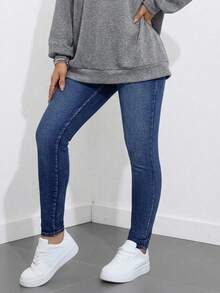 SHEIN 少女蓝色牛仔保暖内衬弹力修身七分裤，休闲时尚度假风，秋冬季 - 深色水洗藍 - 查看 3