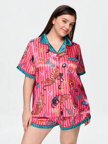 Bonmuse Young Vibrant Fun Tiger Butterfly Lightning Cat Wave Stripe Print Lapel Open Front Satin Plus Size Women's Pajama Set - Multicolor - View 4