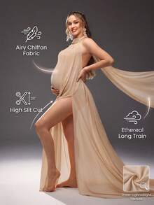 Cheriluna Maternity Outfit de foto de maternidad sexy y elegante con top halter de malla de unicolor - Albaricoque - Ver 1