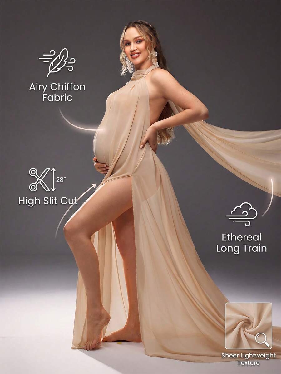 Cheriluna Maternity Outfit de foto de maternidad sexy y elegante con top halter de malla de unicolor - Albaricoque - Ver 1