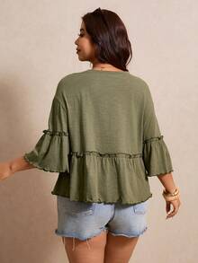 Elaquor Plus Size Solid Color Loose Fit Ruffle Trim T-Shirt Women's Tops And Blouses Casual Simple Boho Outfits Vacation Olive Green Summer - Green - View 2