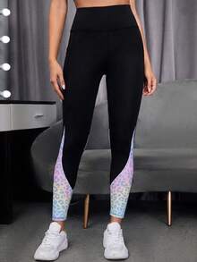 SHEIN Sports Leopard Print Patchwork High Waist Sports Leggings (With Pockets) - Multicolor - View 3