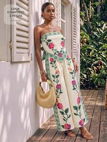 CAJUNI Women's Floral Embroidered Asymmetrical Hem Bandeau Top And Loose Long Pants Set - Multicolor - View 7