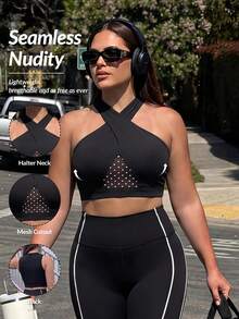Gameset SHEIN Sport Bra Olahraga Wanita Ukuran Besar Motif Polkadot dengan Detail Kerut Silang - MultiWarna - View 1