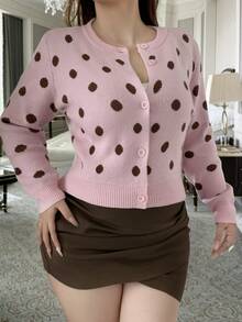 Vibekara Cardigan Leher Bulat Motif Polkadot untuk Wanita Muda Ukuran Plus, Cocok untuk Pesta, Sehari-hari, dan Pakaian Rumah Musim Dingin - Berwarna merah muda - View 3