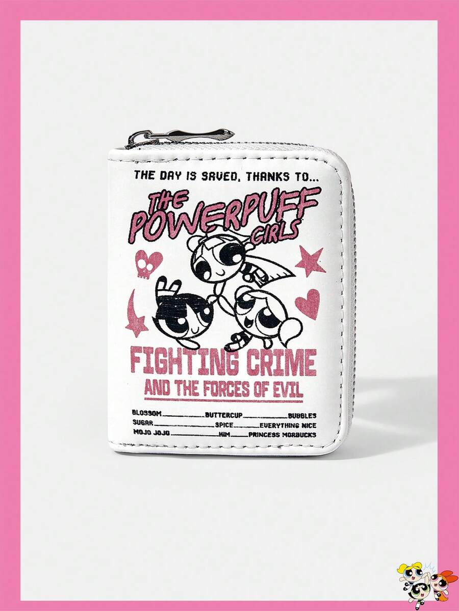 THE POWERPUFF GIRLS X SHEIN 1入 隕石小女警圖案簡約風拉鍊零錢包,適合女性 - 白色 - 查看 1