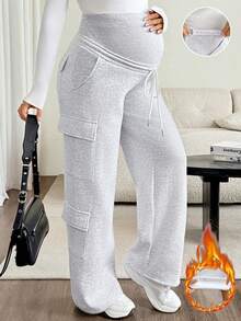 SHEIN Maternity Casual Versatile Adjustable Waistband Cargo Sweatpants With Pockets - Light Grey - View 1