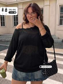 SHEIN CURVE+ Großes lässiges asymmetrisches Schulter-Spitzen-Strick-Top, vielseitiges T-Shirt für Herbst und Winter - Schwarz - Übersicht 1