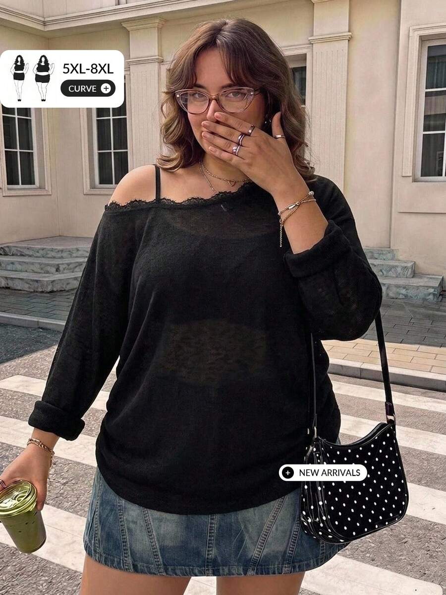 SHEIN CURVE+ Großes lässiges asymmetrisches Schulter-Spitzen-Strick-Top, vielseitiges T-Shirt für Herbst und Winter - Schwarz - Übersicht 1