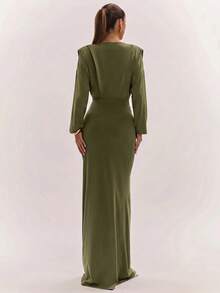 SHEIN BAE Gaun Komuter Elegan Warna Polos dengan Detail Kerut di Pinggang - Hijau Tentara - View 2