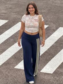 SHEIN Tall CURVE Plus Size Colorblock Striped Waistband Pants - Navy Blue - View 4
