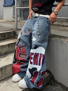 STEELVANCE 男士 Y2K 復古水洗寬鬆寬腿牛仔褲，字母與數字圖案印花嘻哈街頭風丹寧長褲（不含腰帶與配件） - 淺色水洗藍 - 查看 1