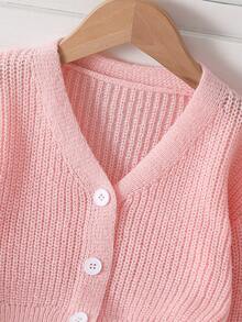 SHEIN Playful Pals Cardigan Lengan Panjang Kasual Leher V Warna Polos untuk Anak Perempuan - Baby Pink - View 5