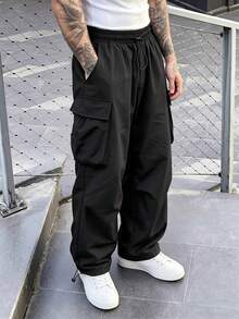 Manfinity CasualCool 男士黑色長褲，彈性腰多口袋工裝褲，寬鬆休閒時尚百搭直筒褲，可調節束口褲腳 - 黑色 - 查看 3