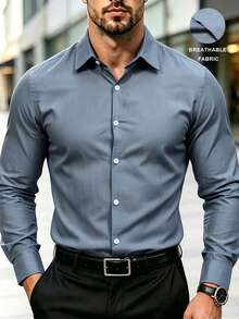 Manfinity CasualCool 男士親膚純色柔軟質感長袖襯衫 - 灰色 - 查看 1