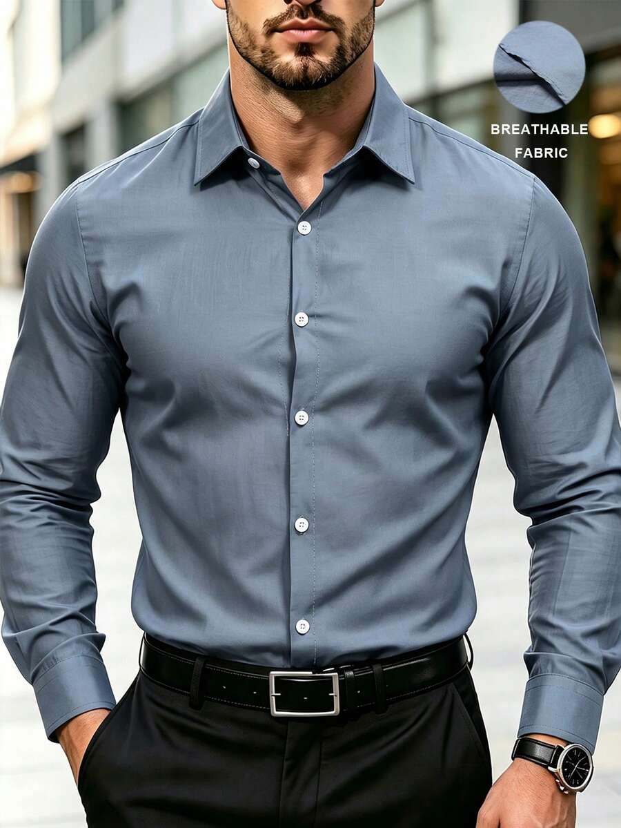 Manfinity CasualCool 男士親膚純色柔軟質感長袖襯衫 - 灰色 - 查看 1