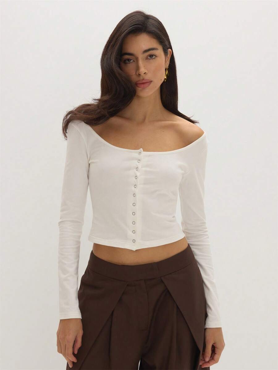 MUSEYN Atasan Jersey Putih Kancing Depan Lengan Panjang Leher Bulat Pas Badan - Putih - View 1