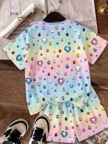 Conjunto de dos piezas para niña joven, estilo casual minimalista, lindo y dulce, con lunares, textura brillante y estampado de corazón, azul cobalto pop, manga corta y shorts, adecuado para verano, cómodo, estilo primavera y verano, gráfico, kawaii - Multicolor - Ver 4