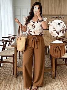 SHEIN Plus Size Floral Print Casual Vacation Top And Pants 2 Pieces Set - Apricot - View 1