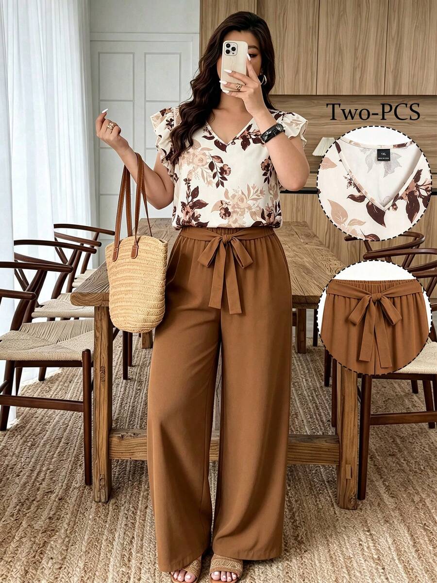 SHEIN Plus Size Floral Print Casual Vacation Top And Pants 2 Pieces Set - Apricot - View 1