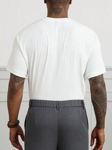 HUEFORM Men's Old Money Style White Vertical Ribbed Texture Pure Minimalist Mature Vintage Casual Commute Slim Fit Summer Versatile Short Sleeve T-Shirt Top - White - View 2