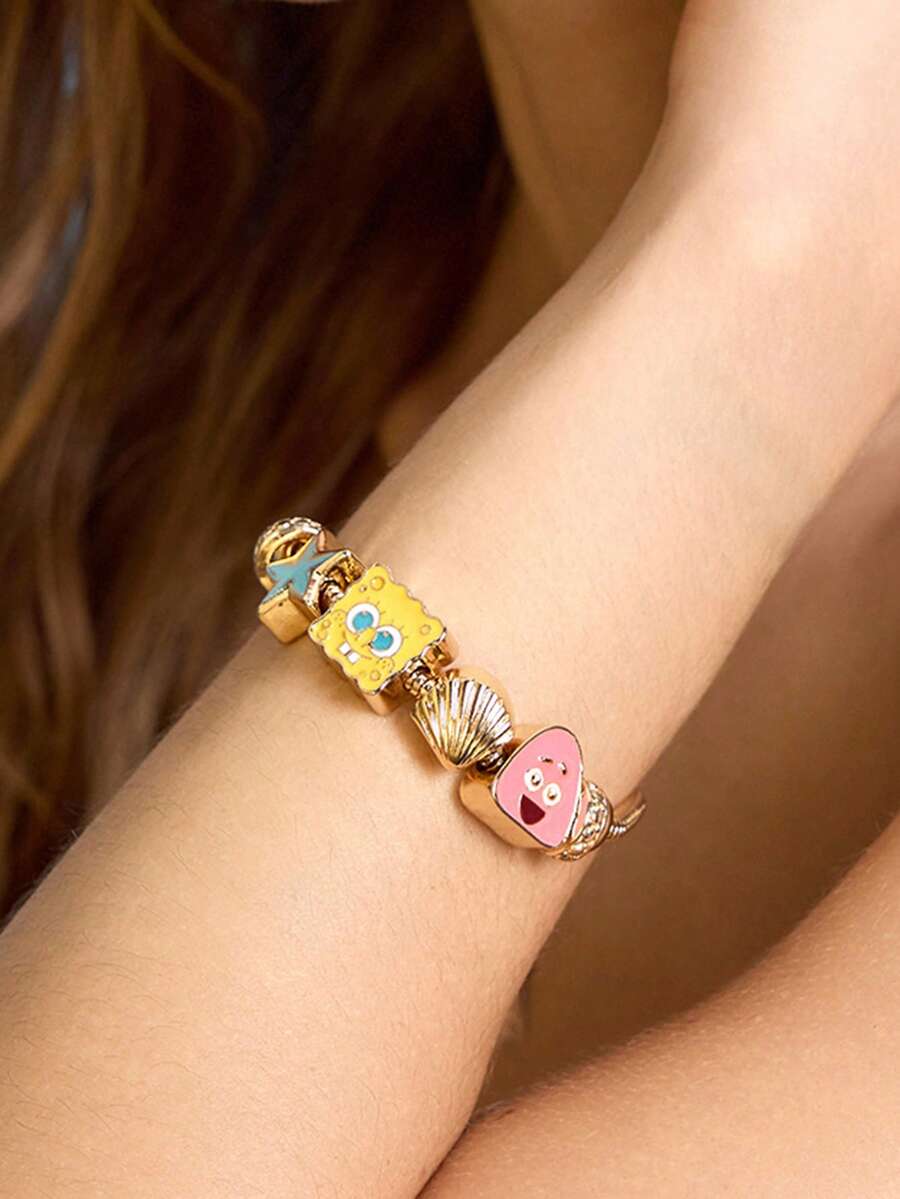 SpongeBob SquarePants | SHEIN 時尚可愛金色調卡通合金手鍊,海星、貝殼、滴油設計,適合日常配戴 - 彩色 - 查看 1