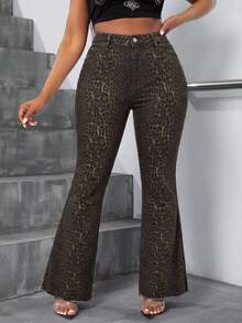 Slaydiva Plus Size Fashion Leopard Print Flare Jeans - Multicolor - View 1