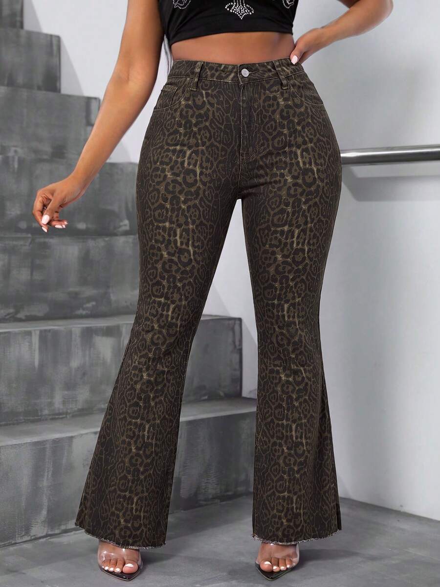Slaydiva Plus Size Fashion Leopard Print Flare Jeans - Multicolor - View 1