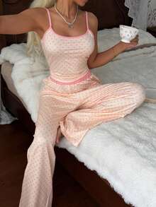 CottageSlumber Conjunto de pijama de mujer con camisola de punto a lunares y bloques de color & pantalones largos - Albaricoque - Ver 4