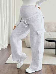 SHEIN Maternity Casual Versatile Adjustable Waistband Cargo Sweatpants With Pockets - Light Grey - View 5