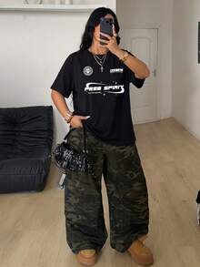 Coolane 男女款大尺碼夏秋街頭風牛仔棉質寬鬆賽車摩托車印花拼色插肩袖巧克力黑T恤 - 黑色 - 查看 2