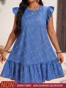 SHEIN Holidaya Vestido casual de mujer talla grande con diseño de strass, cuello redondo, manga corta con volantes y bajo con volantes - Azul - Ver 1