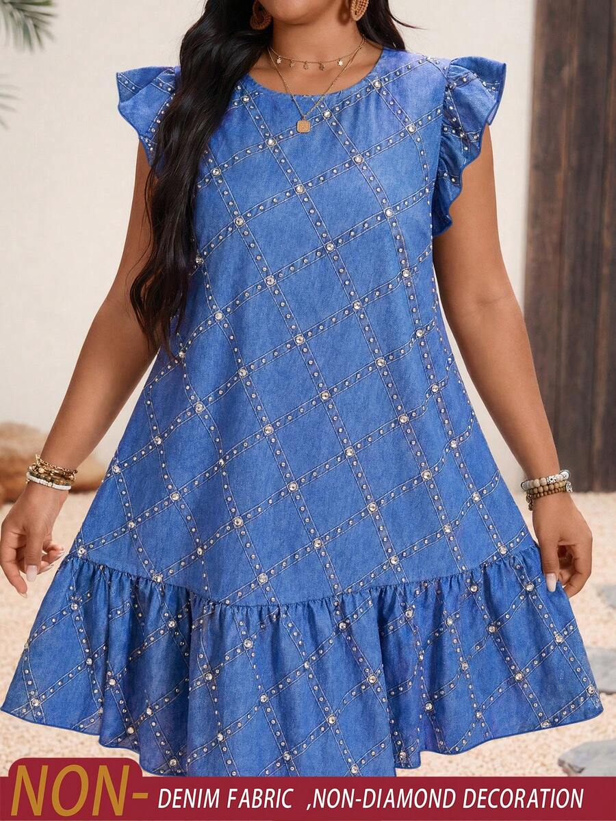 SHEIN Holidaya Vestido casual de mujer talla grande con diseño de strass, cuello redondo, manga corta con volantes y bajo con volantes - Azul - Ver 1