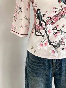 Lalippa Women Outfits,New Chinese-Style Top,Mandarin-Collar Top,Bird-And-Flower Patterns,Trending Now, Fashion Tops - Multicolor - View 3