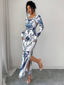 SHEIN Elenzya Women's Blue And White Porcelain Print Fitted Long Sleeve Bodycon Slit Robe, Textured Vintage Style Middle Eastern UAE Abaya - Multicolor - View 3