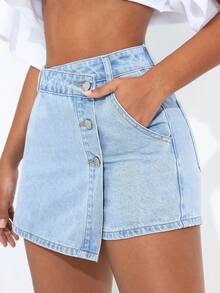SHEIN PETITE 女款鈕扣休閒日常牛仔裙褲 - 藍白色 - 查看 3