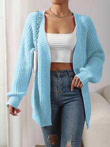 SHEIN LUNE 女款素色休閒百搭日常穿搭開襟衫 - 藍色 - 查看 6