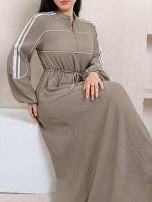 Veilorie Women's Colorblock Striped Drawstring Waist Long Dress - Khaki - View 2
